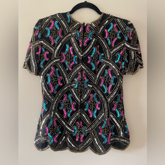 Papell Boutique 90/80s Silk Beaded Sequin Glam VTG Timeless Chic Blouse Women PS - Picture 2 of 5